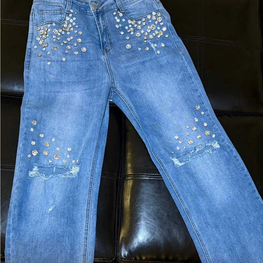 Hot & Delicious Embellished Blue Denim Jeans - Picture 1 of 7